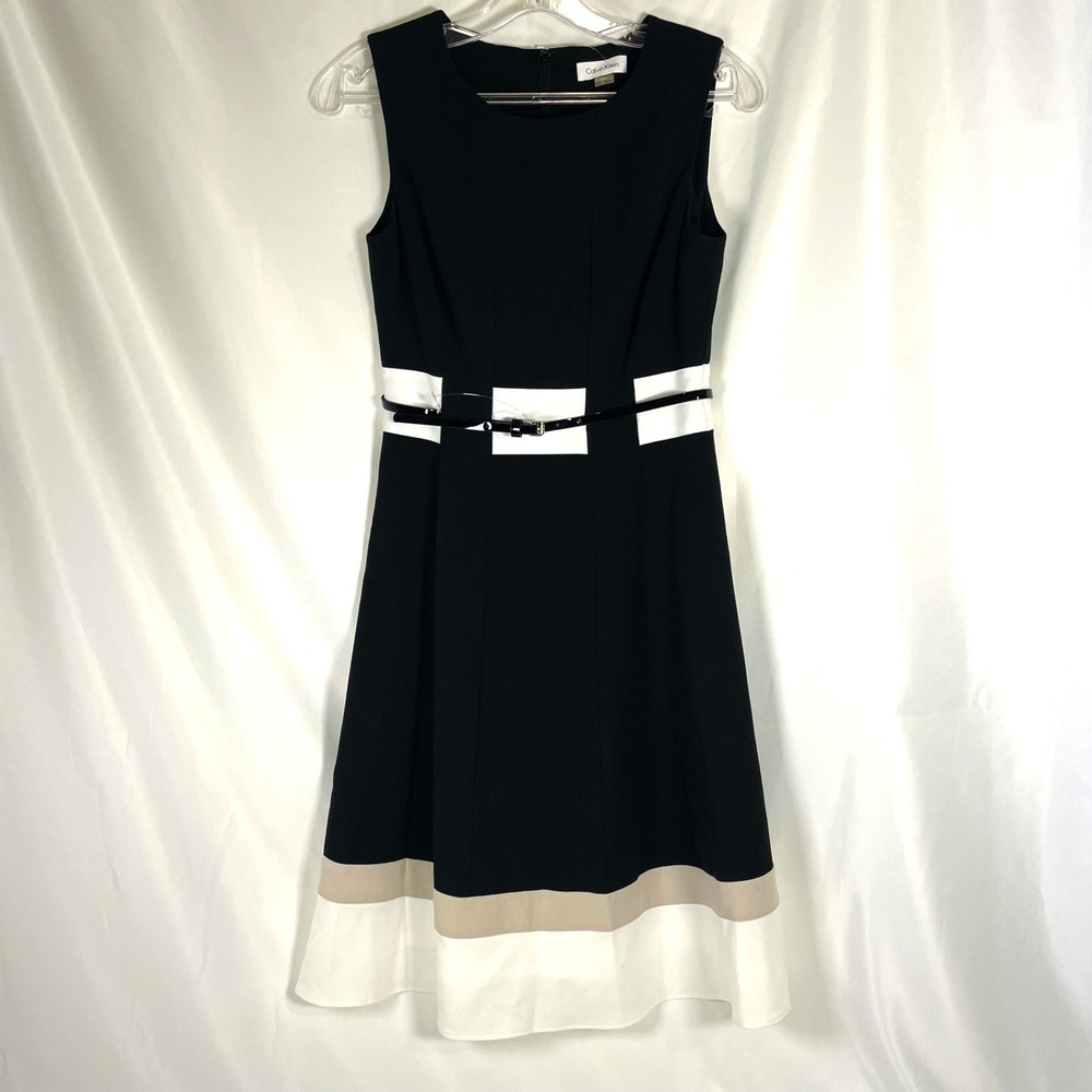 Calvin Klein Black White Tan Striped Fit and Flare Belted Dress Size 2 Office